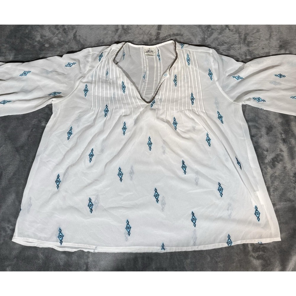 Ariat Blouse Womens XXL White Embroidered Beaded Geometric Chiffon Tunic Boho